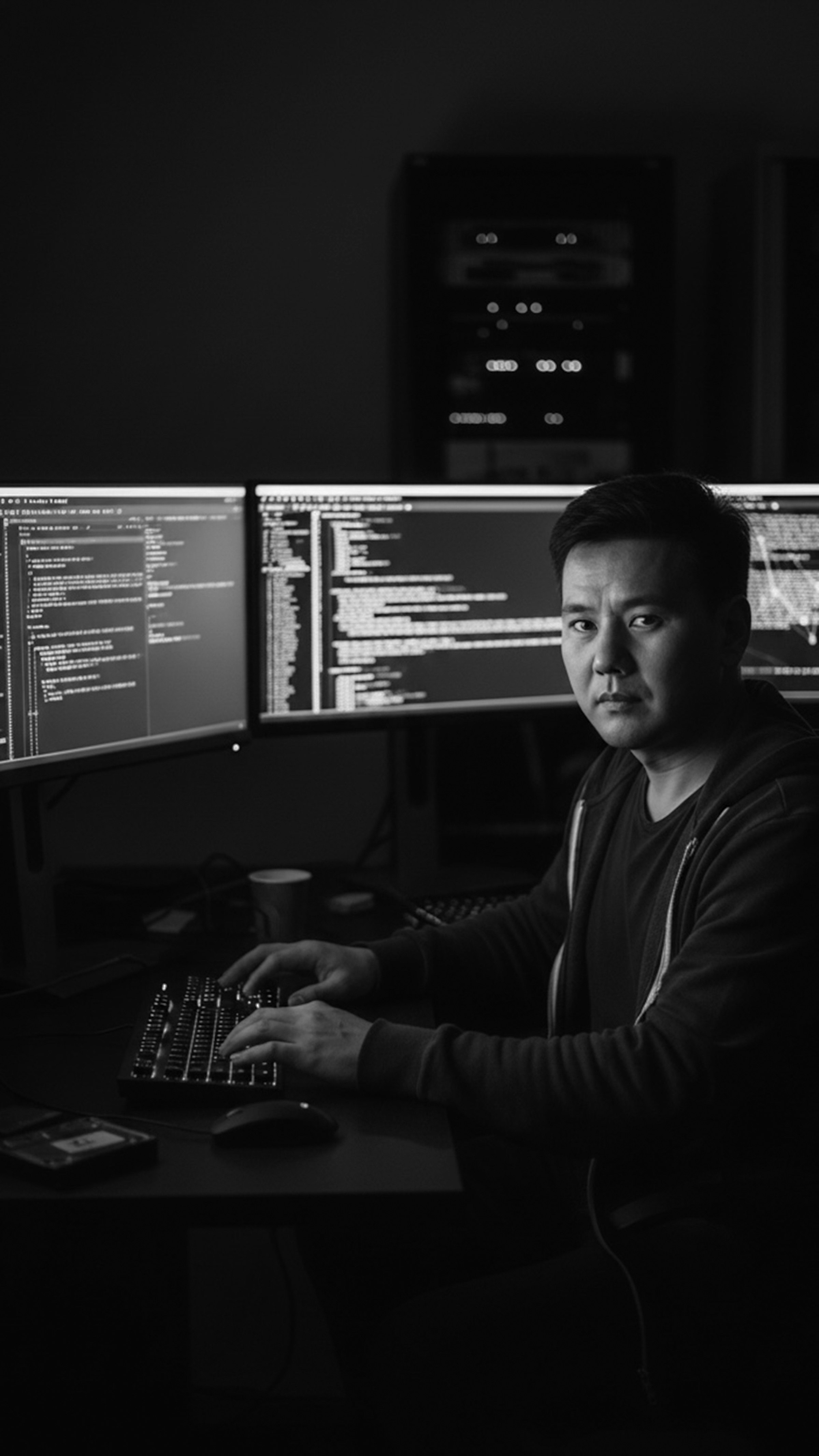 IT-Fachkraft überwacht die Systeme an mehreren Bildschirmen